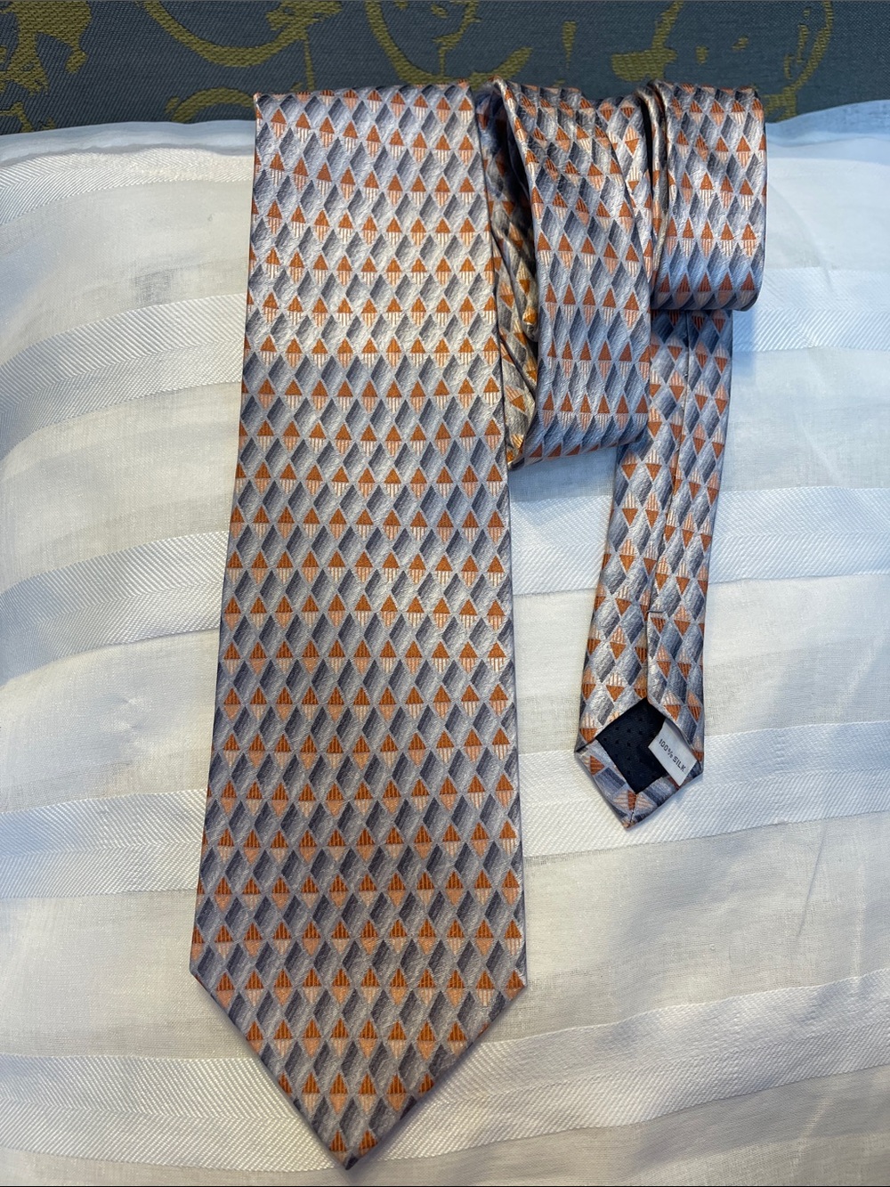 Pierre Cardin Silver and Orange Geometric Silk Tie